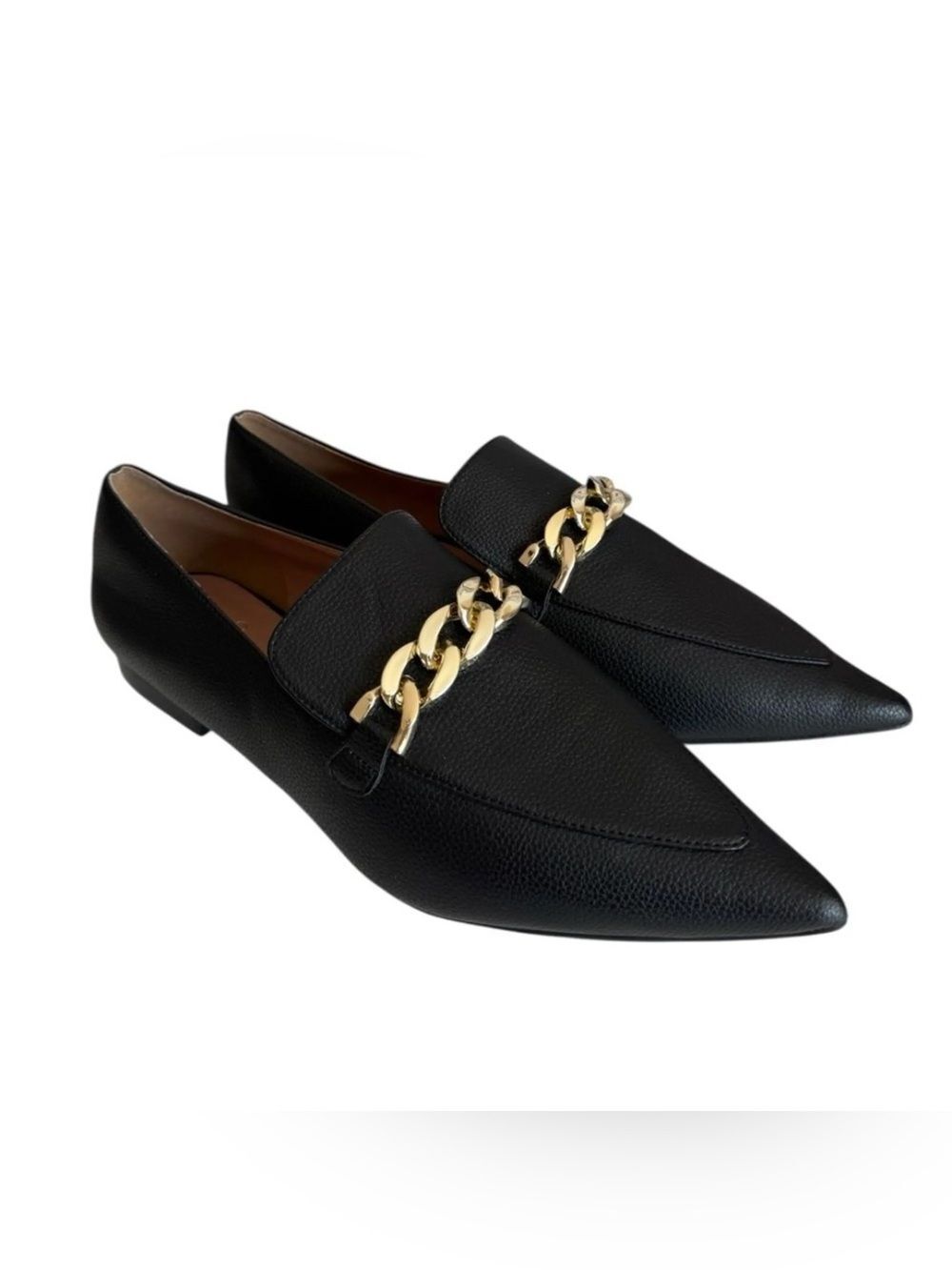 NWOT Linea Paolo Mabel Black Pointed Toe Loafers with Gold Chain Accent Classic